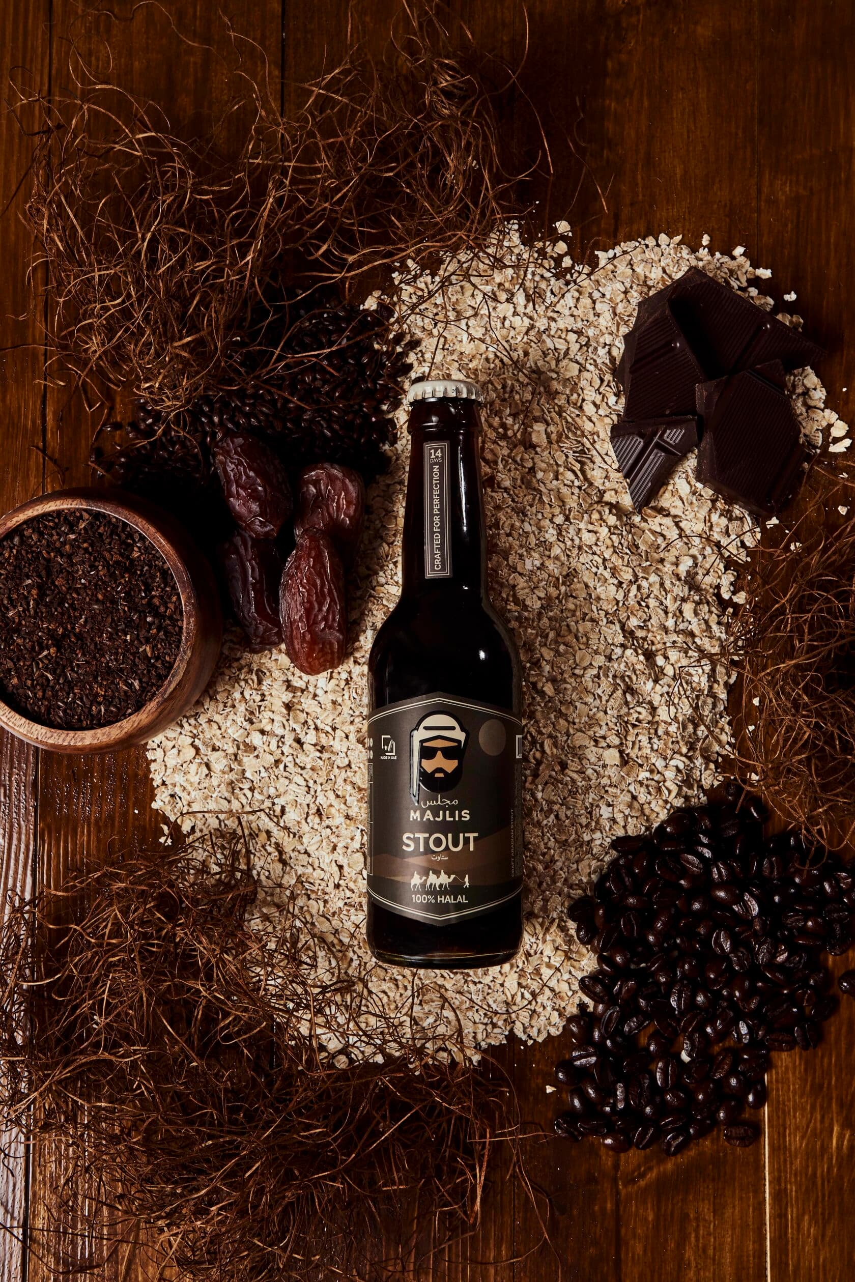 Majlis Stout non-alcoholic dark craft ale bottle with dark chocolate, dates and roasted coffee